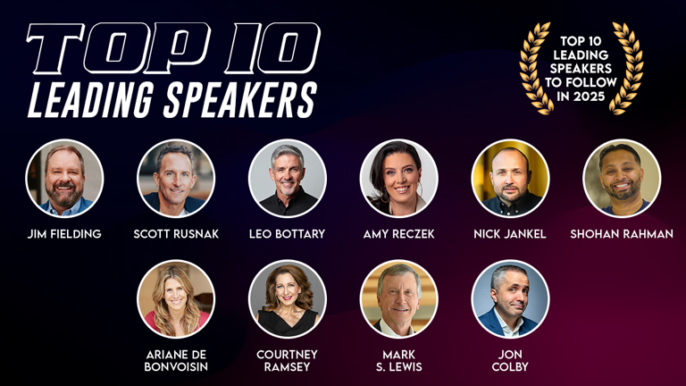 Top 10 Leading Speakers to Follow in 2025 featuring headshots of Jim Fielding, Scott Rusnak, Leo Bottary, Amy Reczek, Nick Jankel, Shohan Rahman, Ariane de Bonvoisin, Courtney Ramsey, Mark S. Lewis, and Jon Colby.
